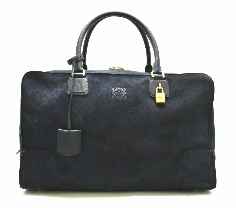 Loewe Amazona Leather Handbag Boston Suede Key Marine Blue